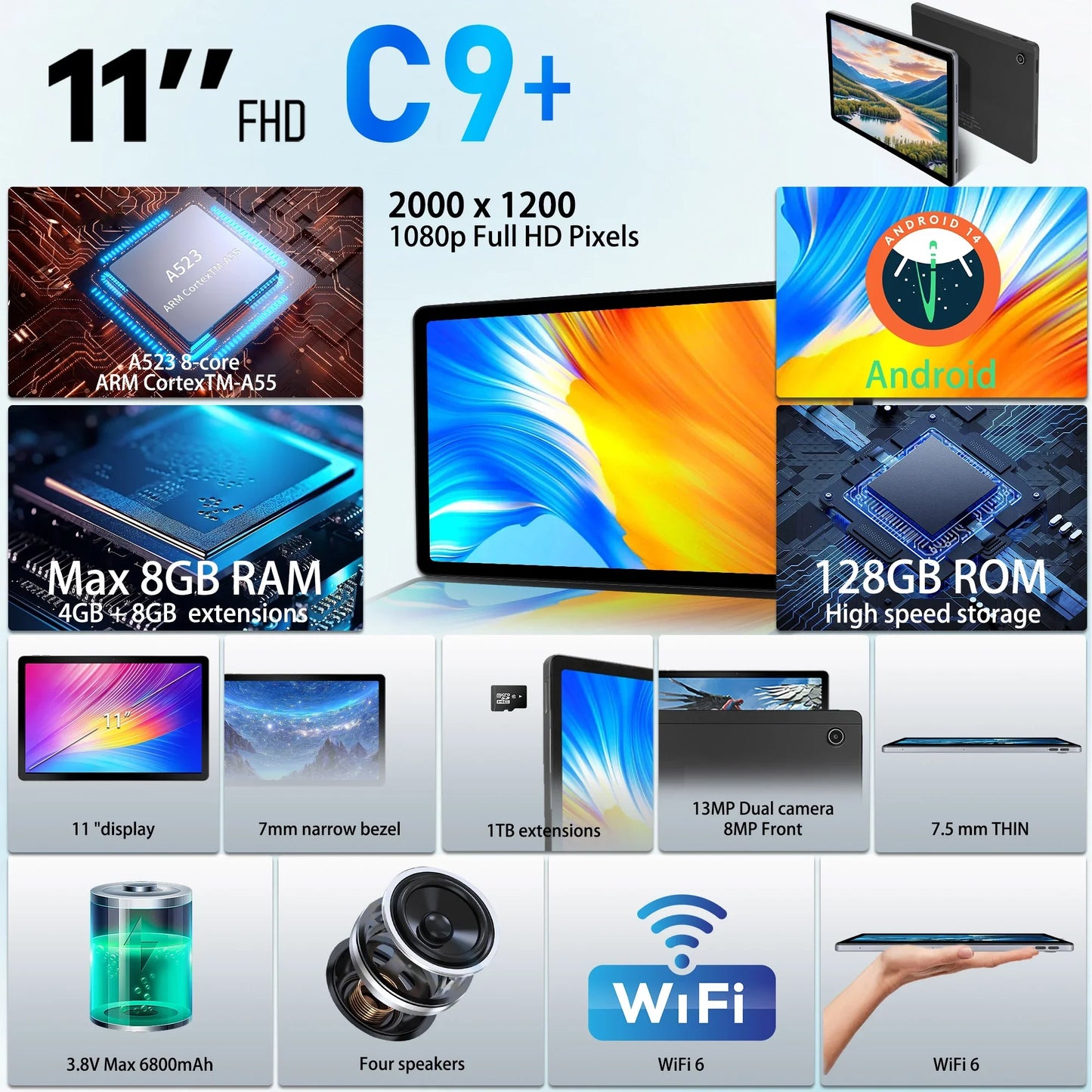 BESTSKI 11 inch Tablet Android 14 with Octa-Core Processor