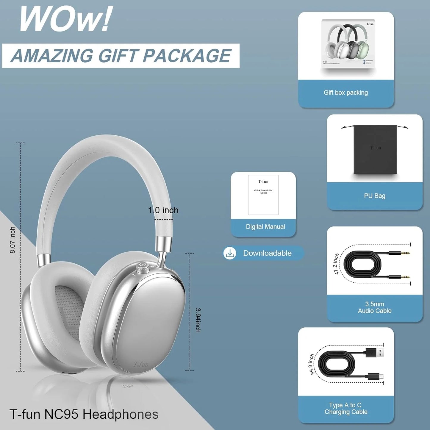 T-fun NC95 Bluetooth Hybrid Active Noise Cancelling Headphones