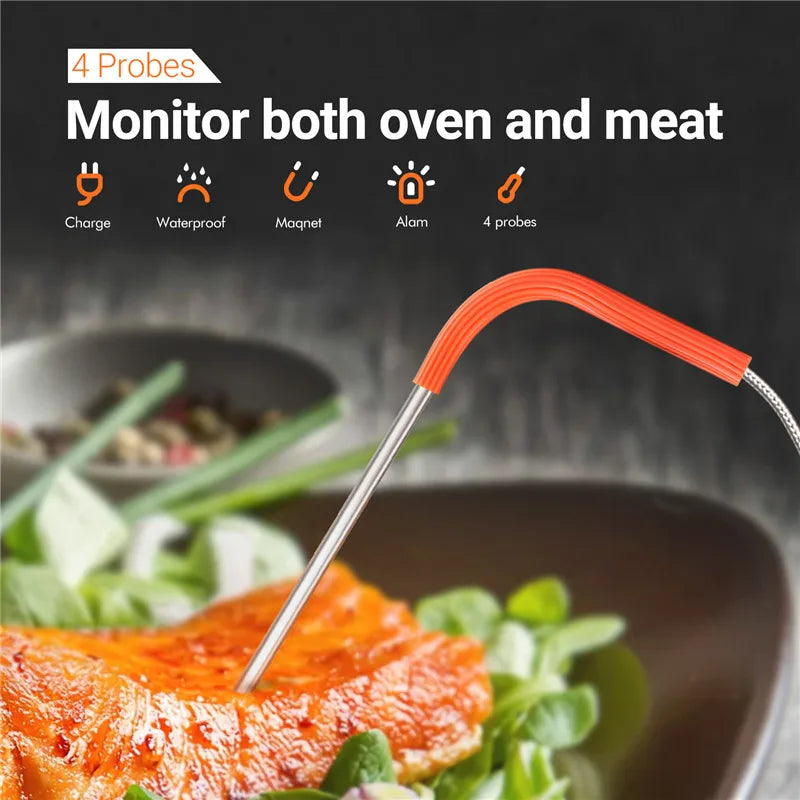 INKBIRD IBBQ-4T Wi-Fi Meat Digital Thermometer Rainproof Magnetic Alarm Thermometer for Kitchen Smoker Grilling with 4 Probes