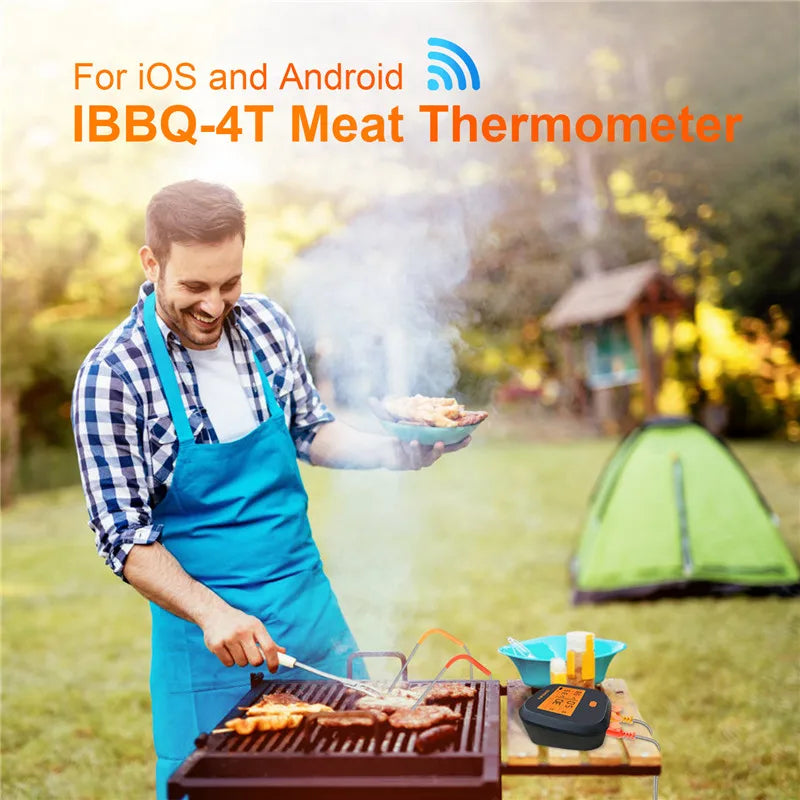 INKBIRD IBBQ-4T Wi-Fi Meat Digital Thermometer Rainproof Magnetic Alarm Thermometer for Kitchen Smoker Grilling with 4 Probes