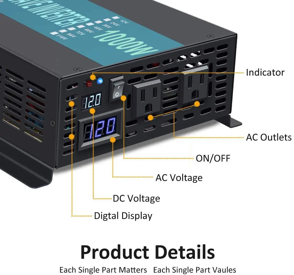 WZRELB 1000W Pure Sine Wave Solar Inverter 12V to 220V
