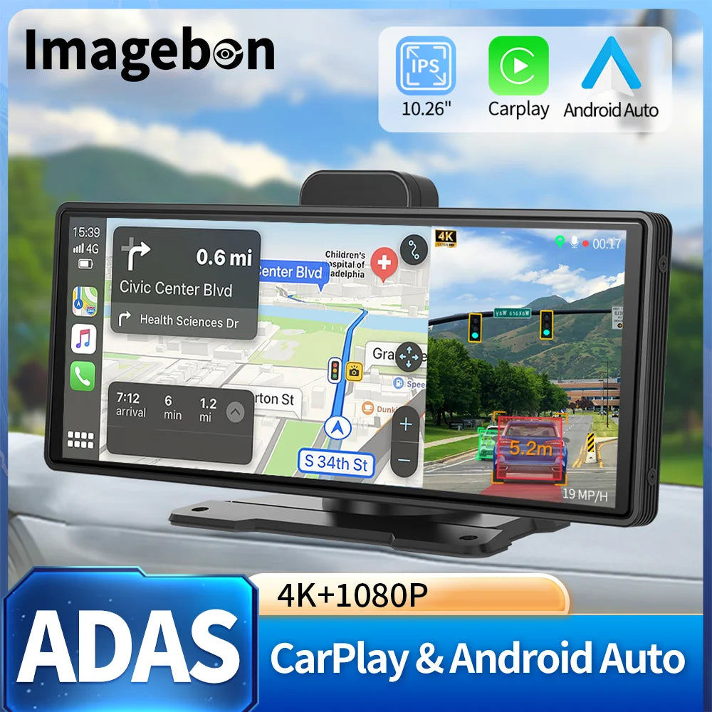 Imagebon 10.26" 4K ADAS Wireless CarPlay & Android Auto Dash Cam