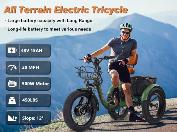 BROOBEY 48V500W Electric Tricycle for Adults Brushless Motor Folding