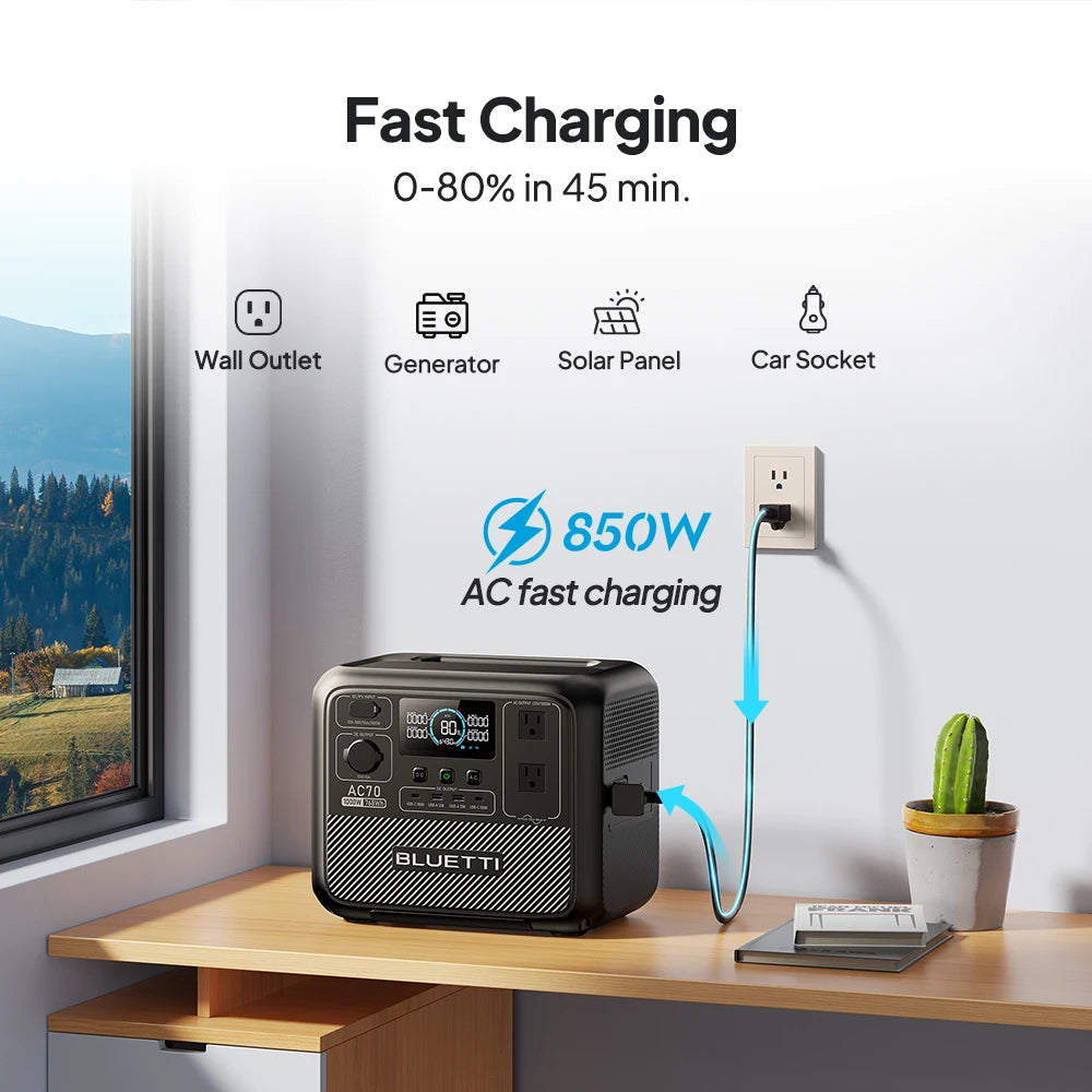 BLUETTI AC70 768Wh 1000W Portable Power Station Solar