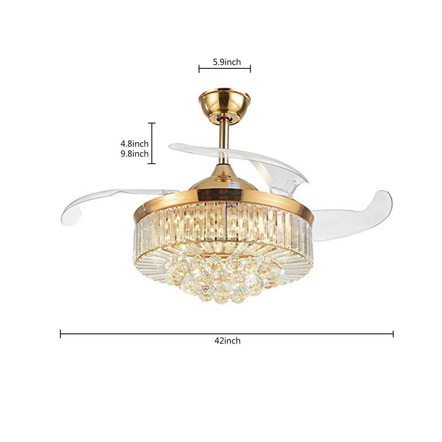 Bymaocar 42" Invisible LED Ceiling Fan Light Crystal Retractable Chandelier Lamp W/Remote