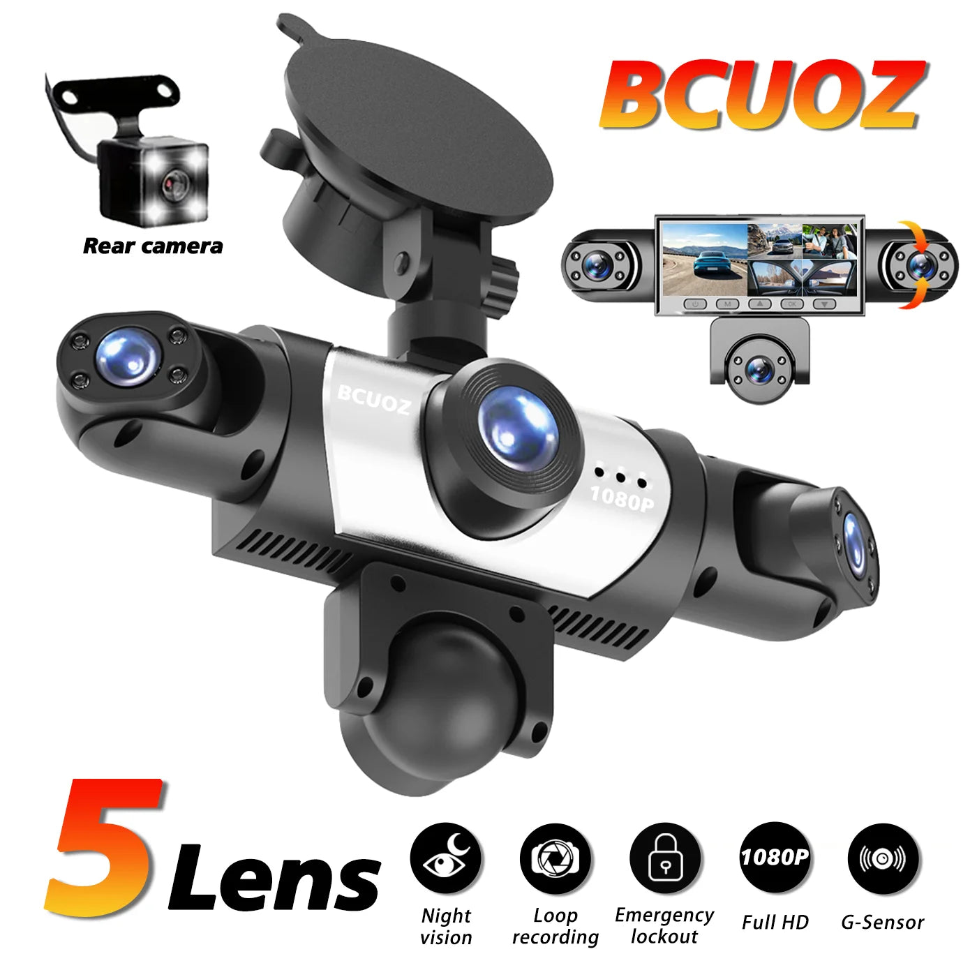 BCUOZ 5-Lens 360° Dashcam 1080P Front 720P Rear