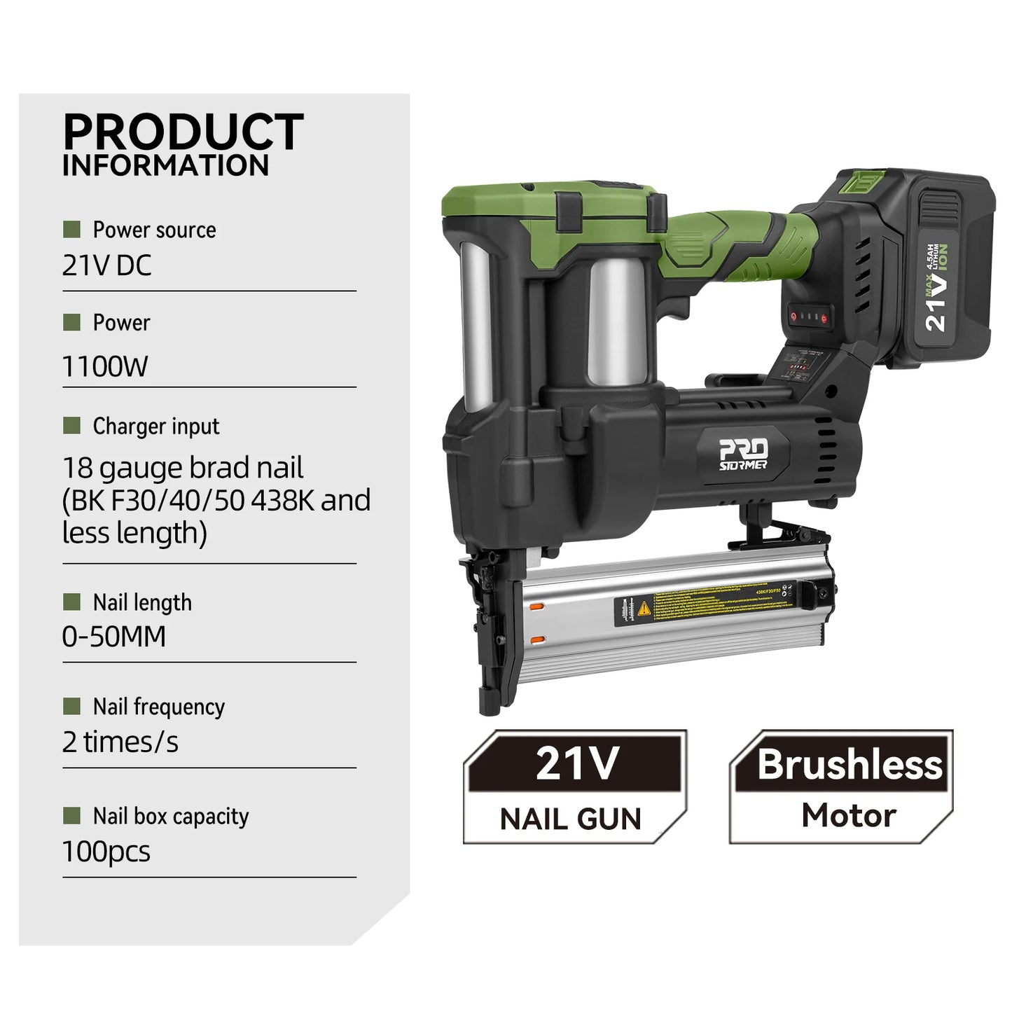 PRO STORMER 21V Electric Nail Gun, Brushless Nailer
