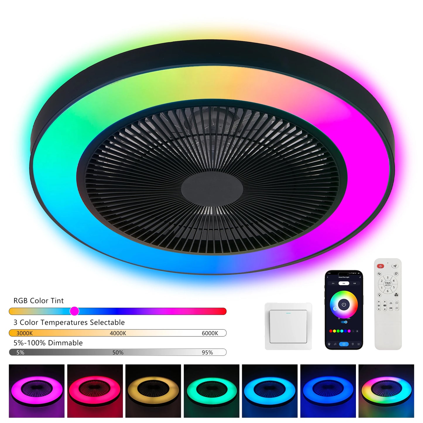 ARLGSITE 19" LED Ceiling Fan Light Smart RGB Lights