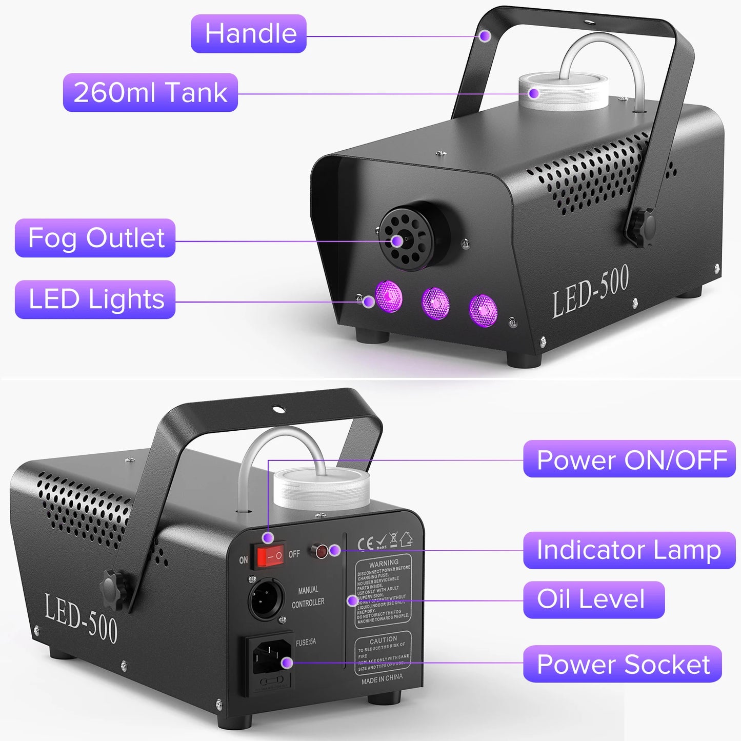 U'King 500W Smoke Machine RGB 3 LED Mixed Color Fog Machine