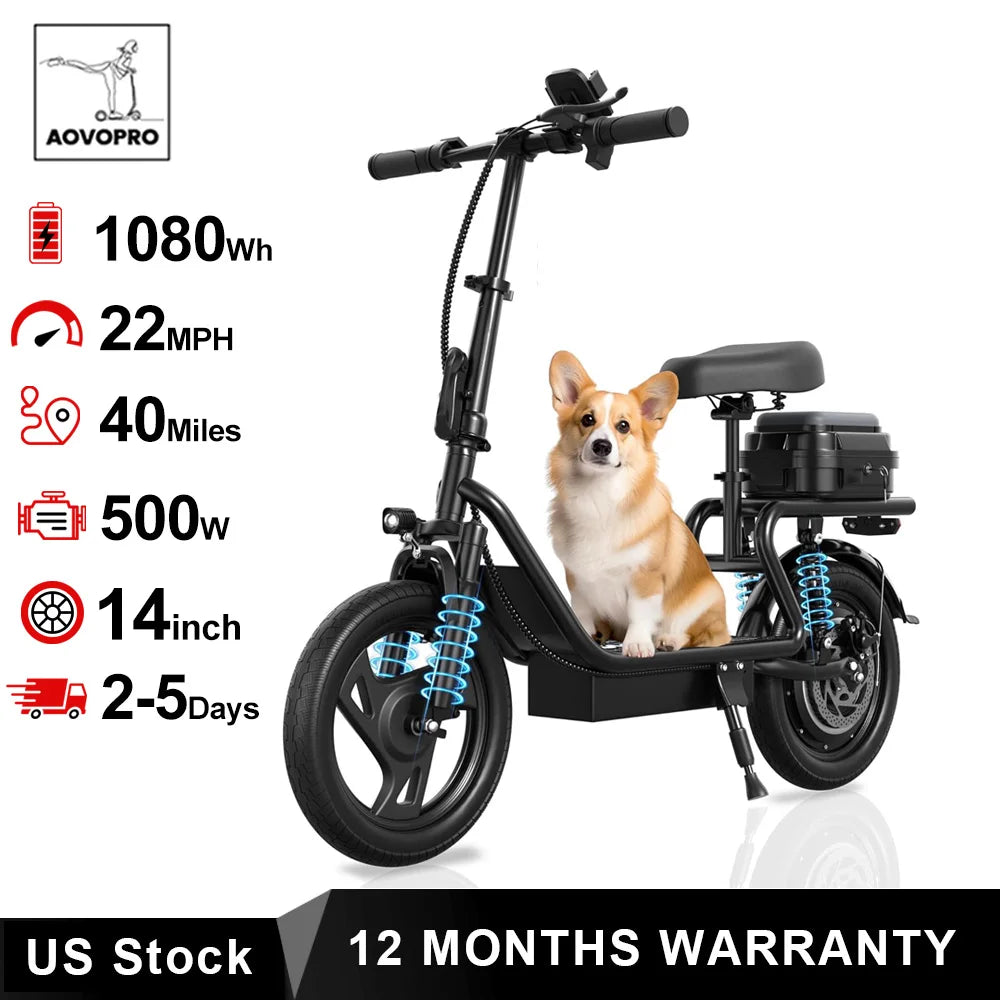 AOVOPRO 14" Electric Bicycle with Box 27/40Miles Max Range 22MPH Top Speed with Dual Suspension Foldable Adult Ebike