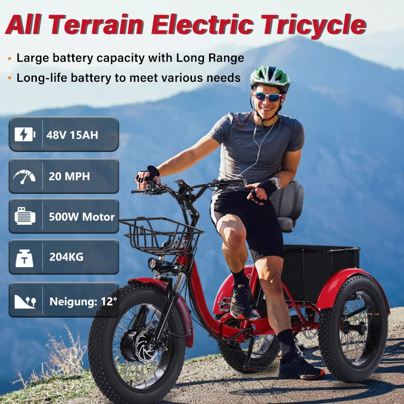 BROOBEY 48V500W Electric Tricycle for Adults Brushless Motor Folding
