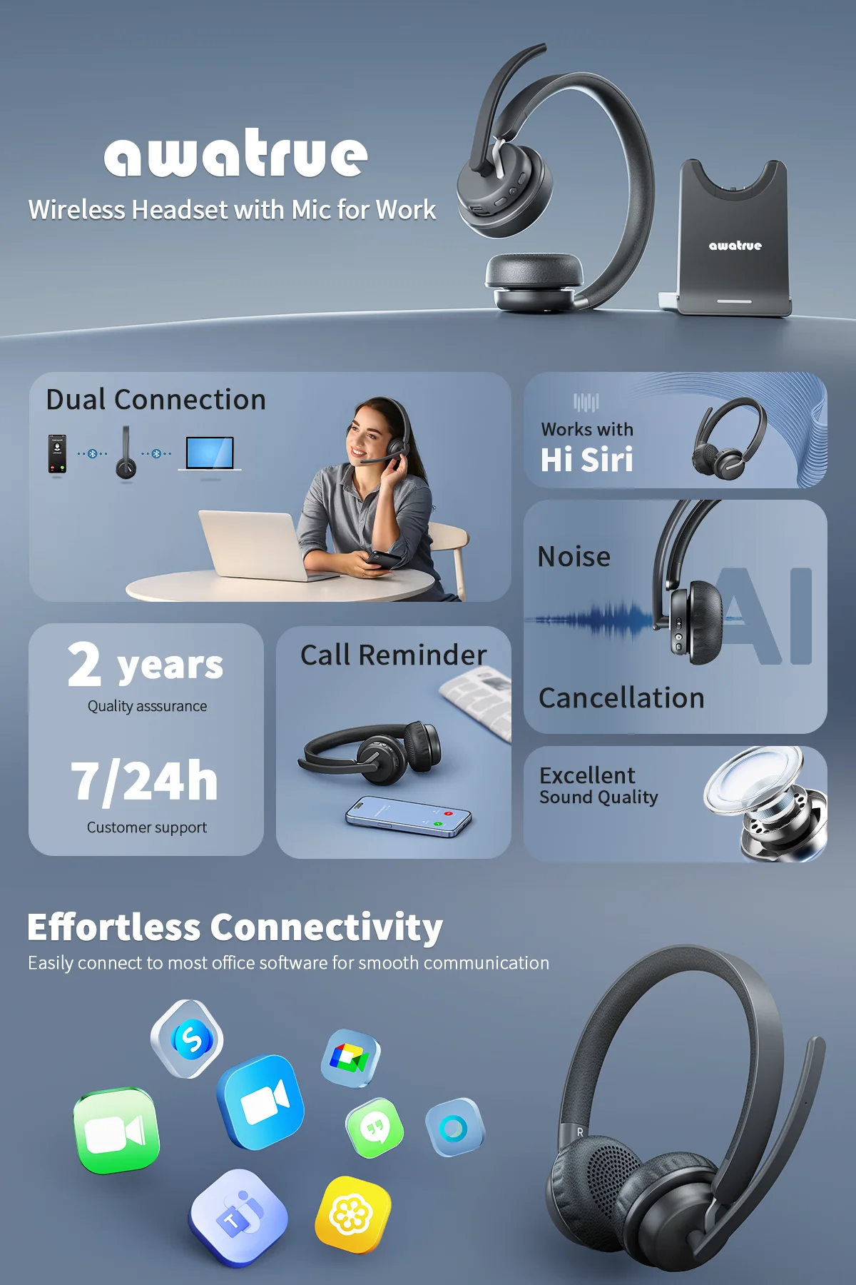 AWATRUE EH11 Wireless Bluetooth Headset with AI Noise Cancelling Mic