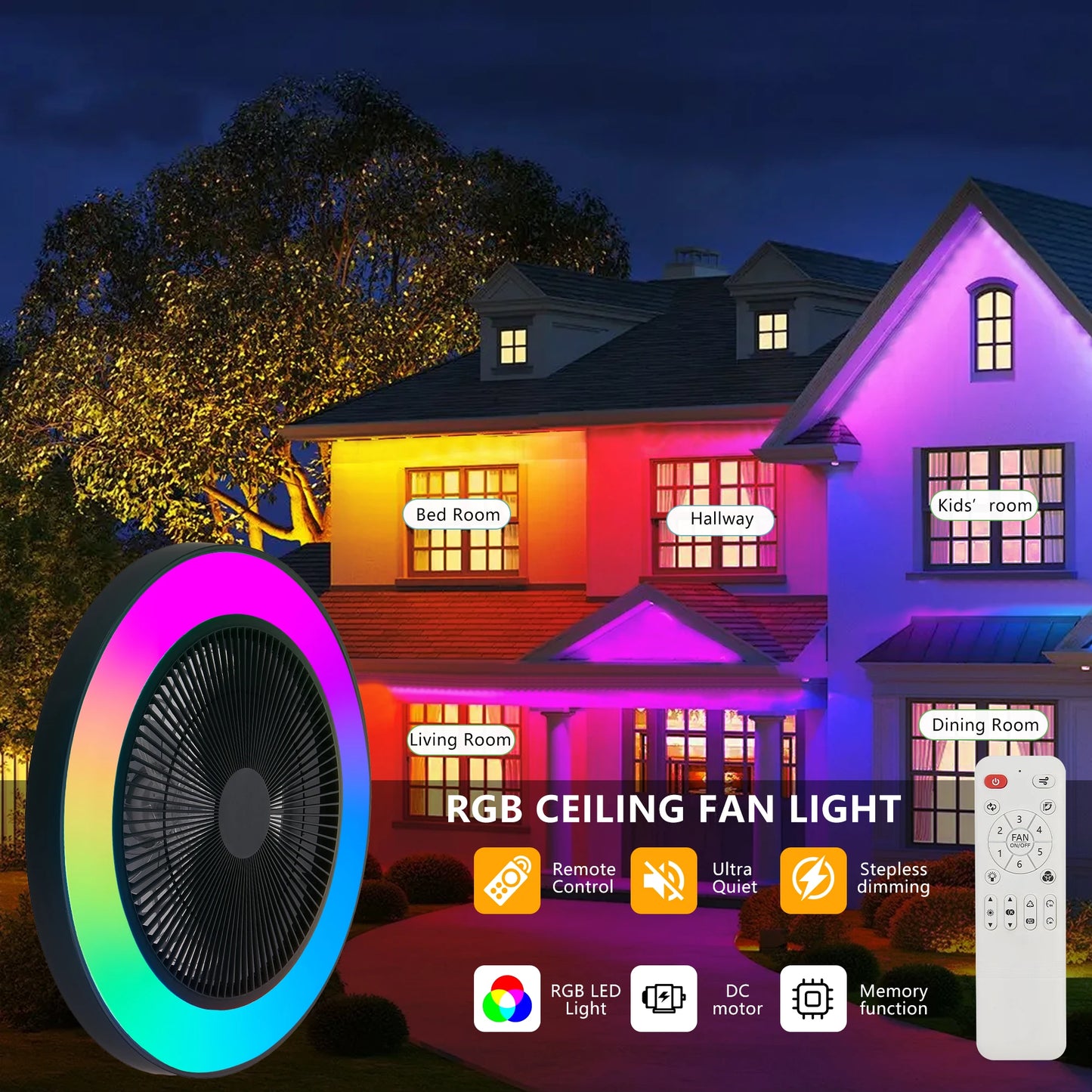 ARLGSITE 19" LED Ceiling Fan Light Smart RGB Lights