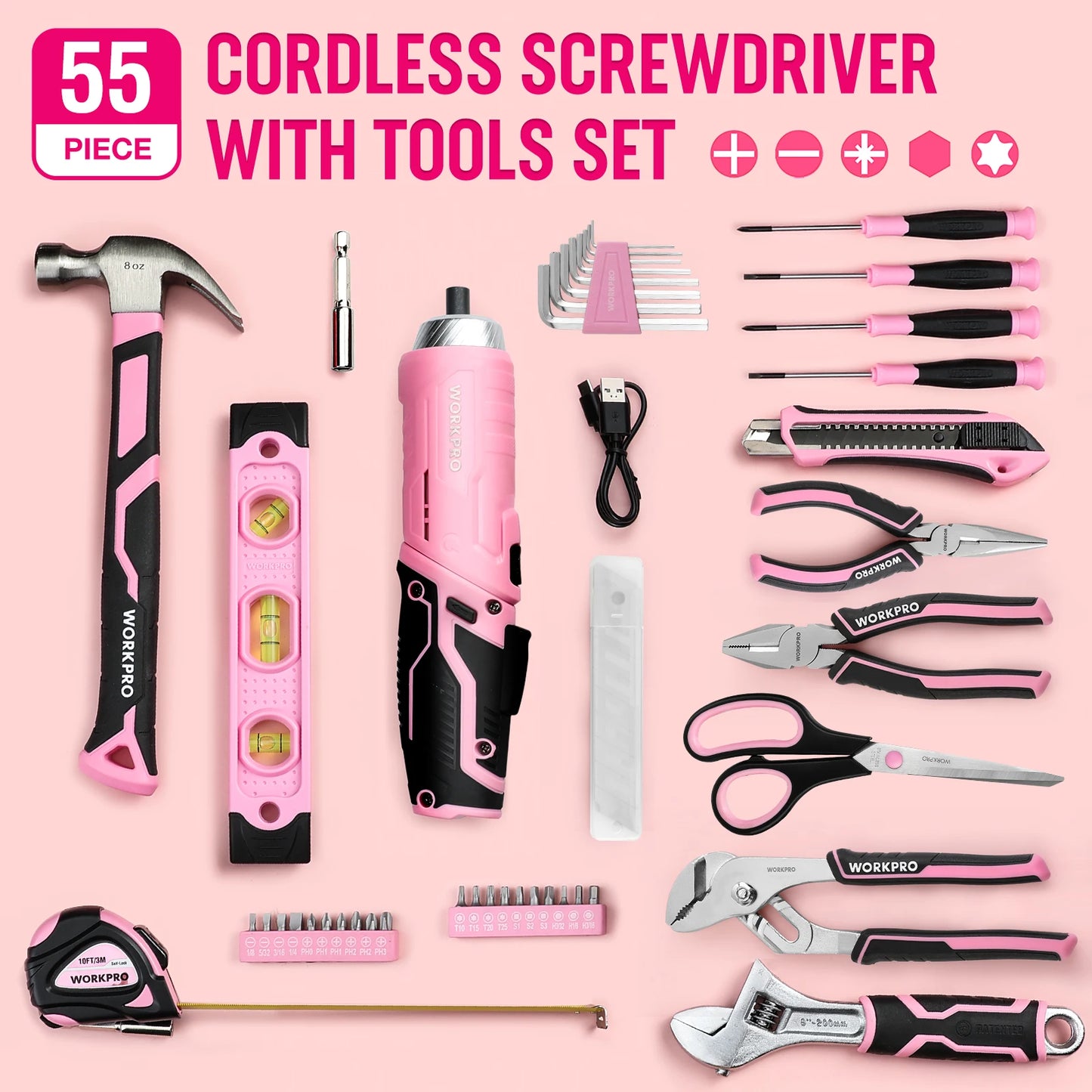 WORKPRO 53-Piece Pink Tool set with Electric Cordless Screwdriver