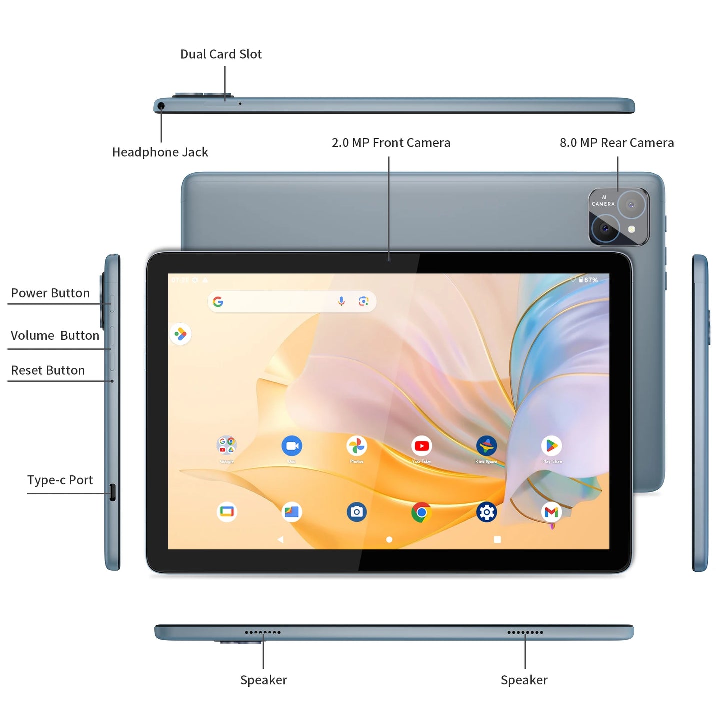 PRITOM Android 14 Tablet 10.1 Inch, 8GB RAM + 128GB ROM
