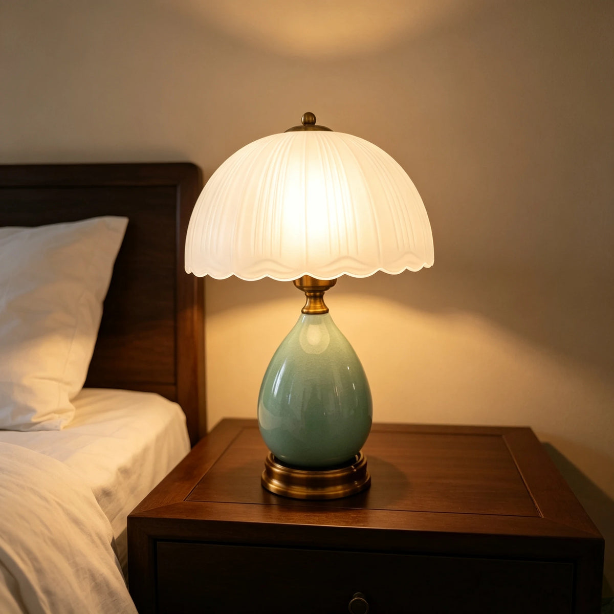 Vintage Crackle Green Ceramic Table Lamp, Pleated Scalloped Frosted