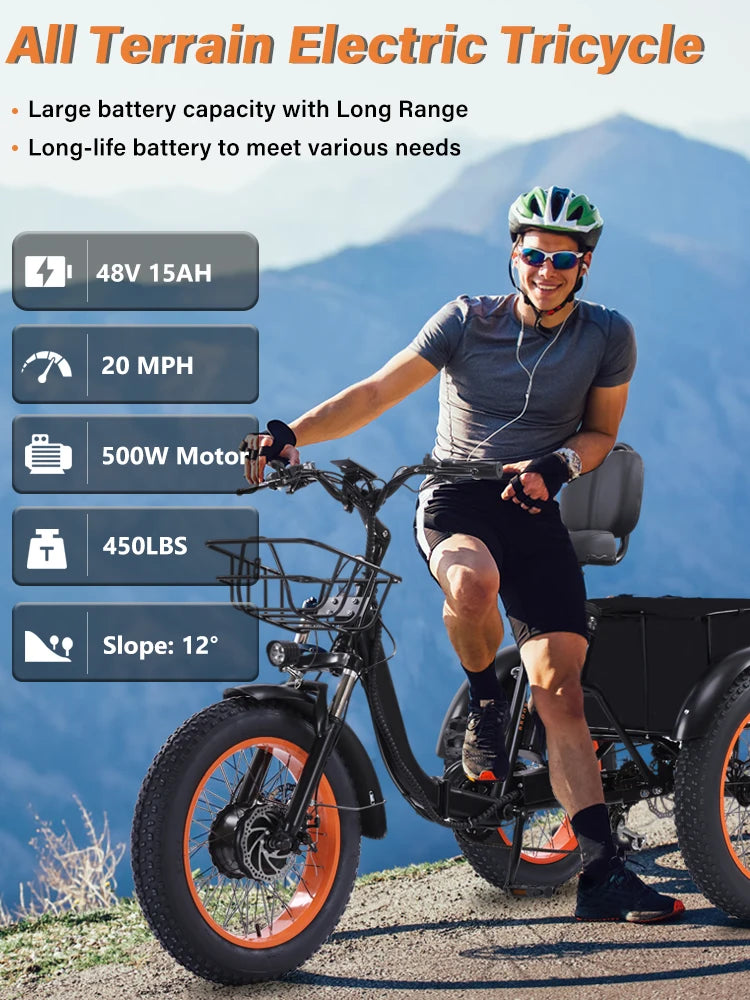 BROOBEY 48V500W Electric Tricycle for Adults Brushless Motor Folding