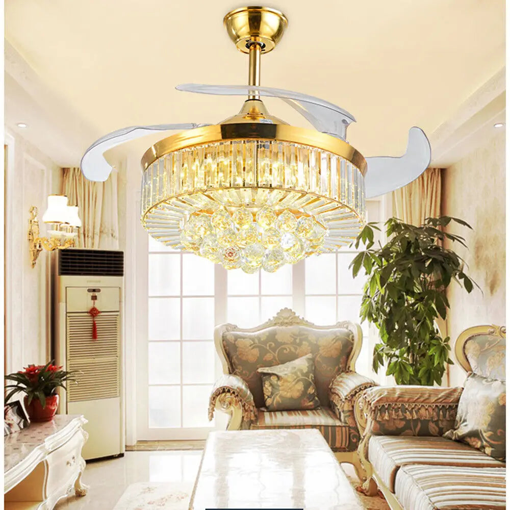 Bymaocar 42" Invisible LED Ceiling Fan Light Crystal Retractable Chandelier Lamp W/Remote