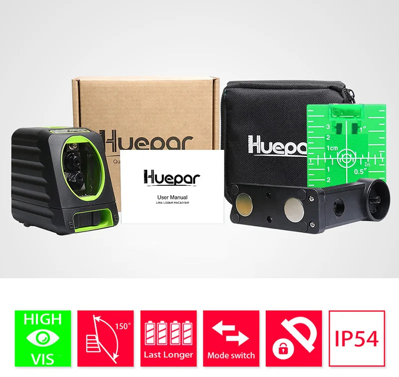 Huepar Self-leveling Vertical & Horizontal Lasers Green Beam Cross Line Laser Level 150 Degree 510nm Nivel Laser For Outdoor Use