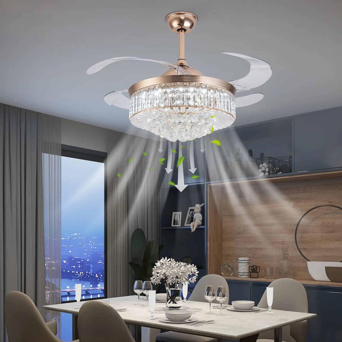 Bymaocar 42" Invisible LED Ceiling Fan Light Crystal Retractable Chandelier Lamp W/Remote