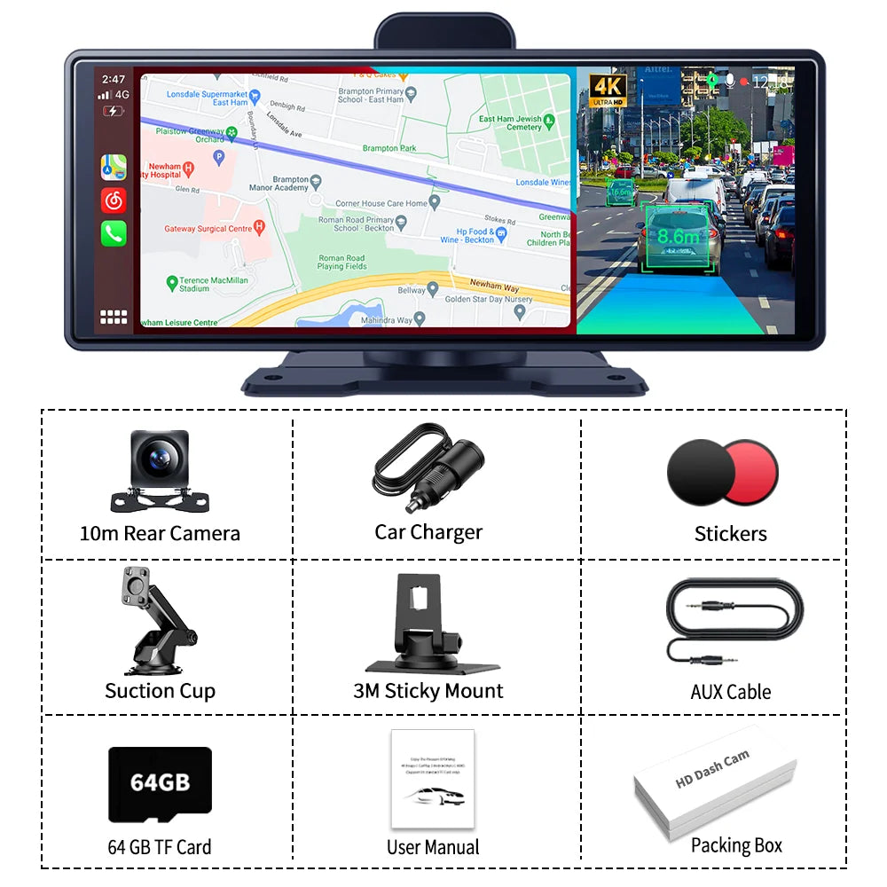 Imagebon 10.26" 4K ADAS Wireless CarPlay & Android Auto Dash Cam