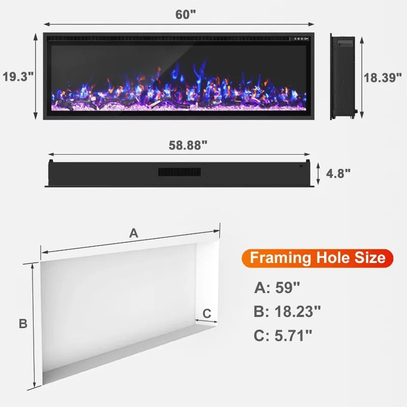 60" Electric Fireplace - Recessed and Wall Mounted