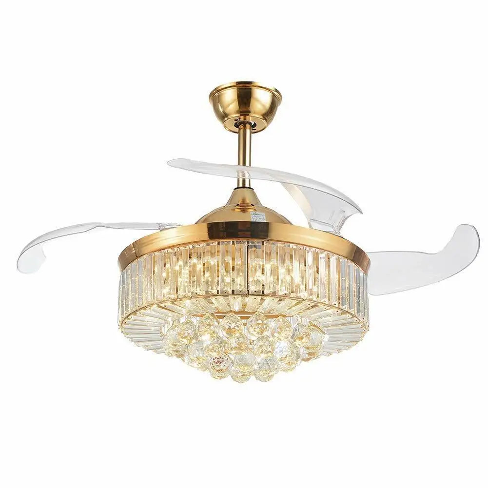 Bymaocar 42" Invisible LED Ceiling Fan Light Crystal Retractable Chandelier Lamp W/Remote