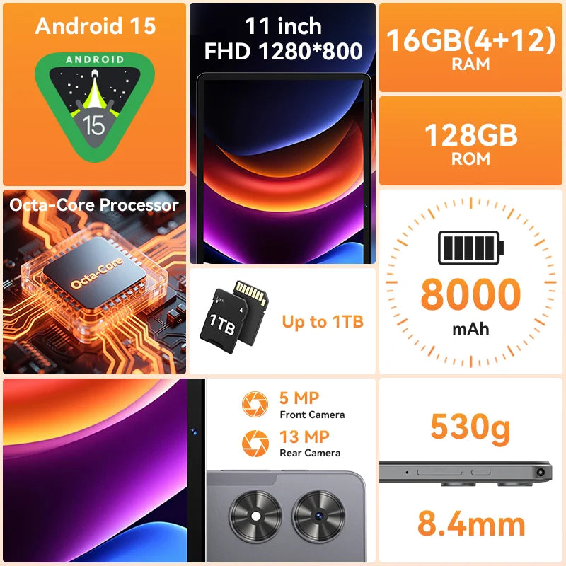 SVITOO 11-inch Tablet Android 15 16GB RAM 128GB ROM Octa-Core