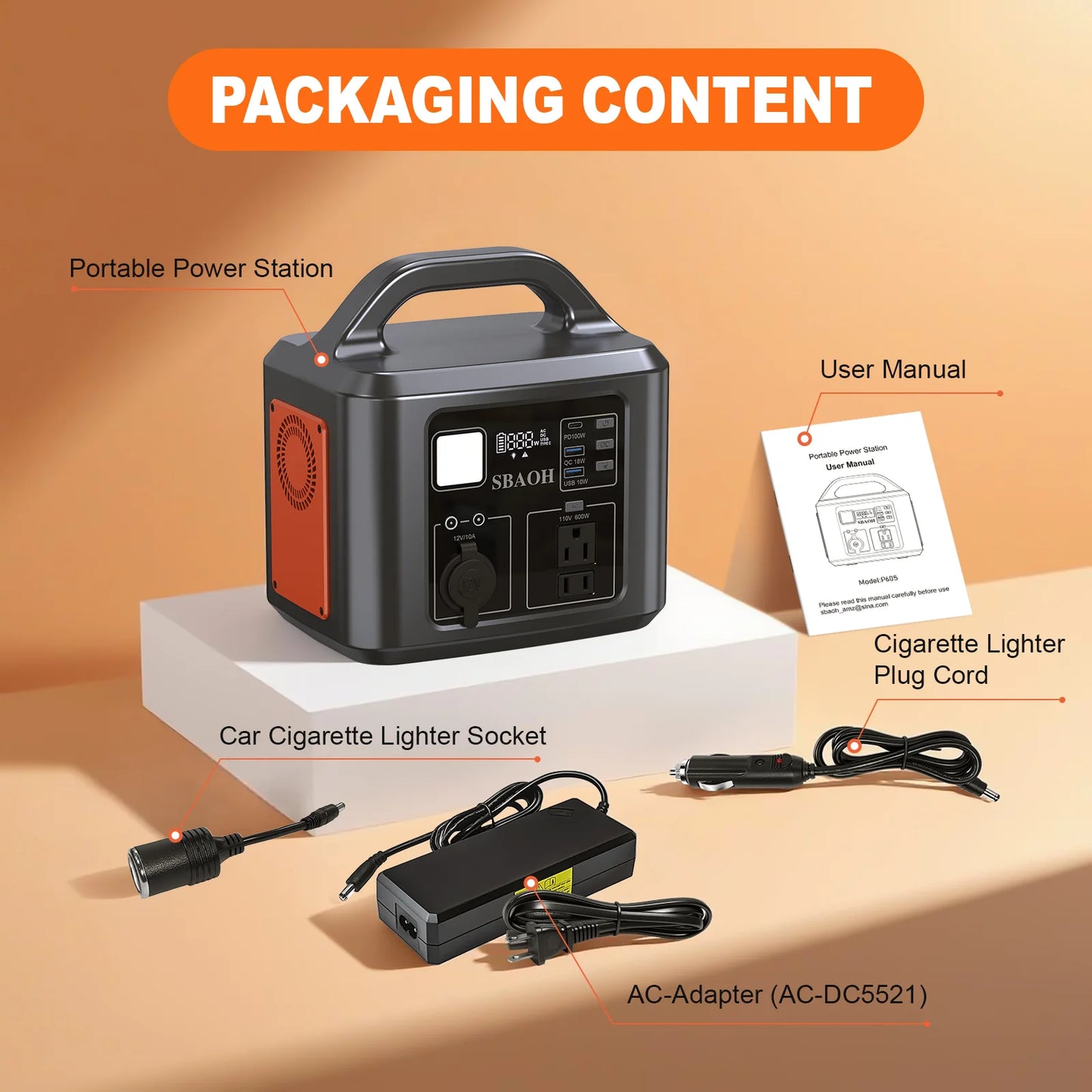 SBAOH 538.7Wh 600W Portable Outdoor Power Station
