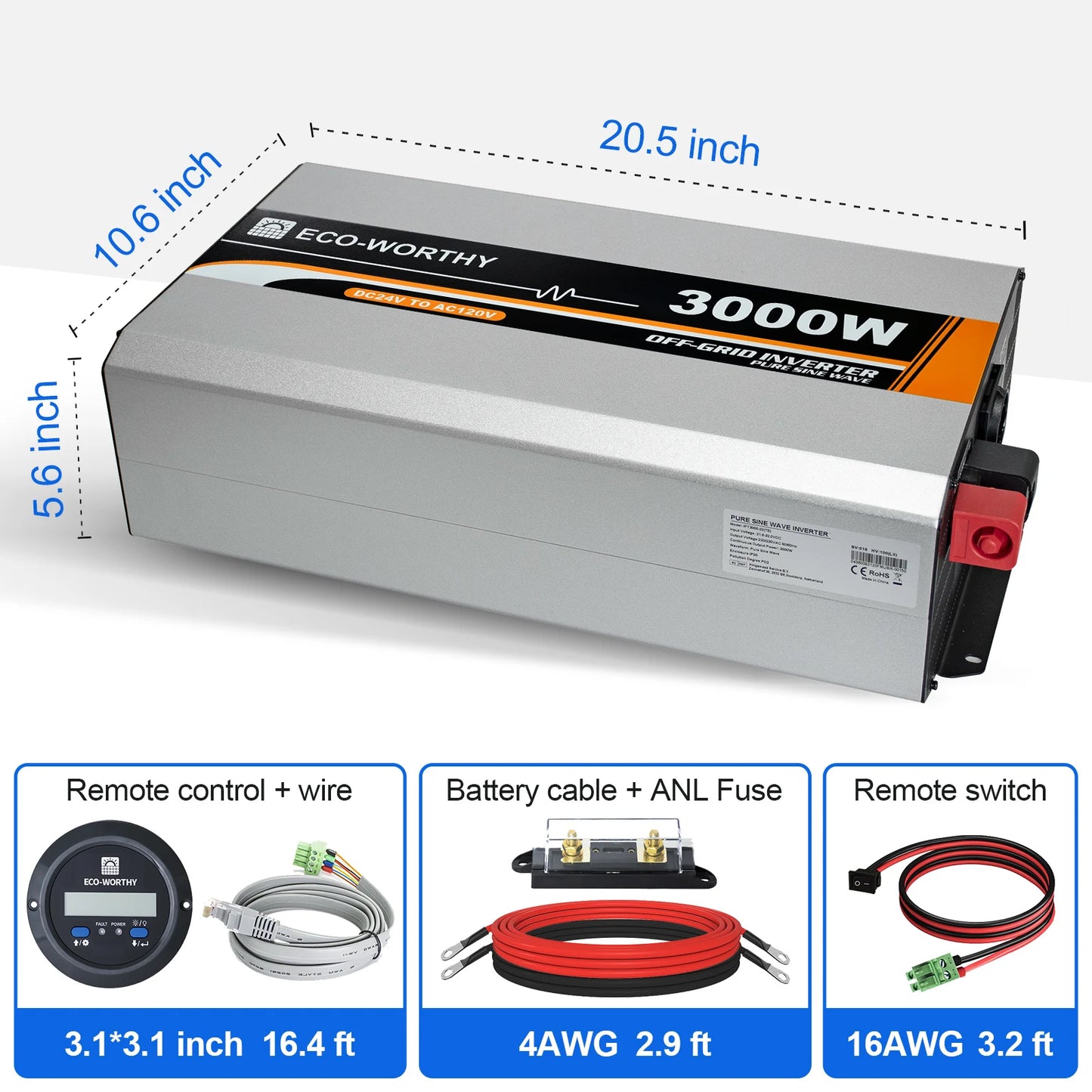 ECO-WORTHY 3000W Pure Sine Wave Solar Power Inverter 24V DC to 120V AC
