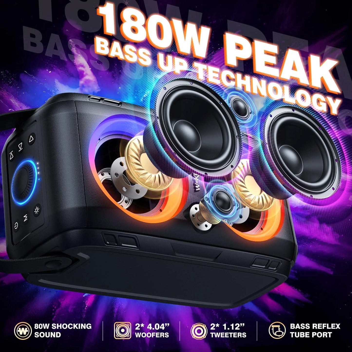 W-KING 180W Peak Party Large Bluetooth Speaker Biggest Boom Box Portable Wireless Removable Battery With Subwoofer USB Playback