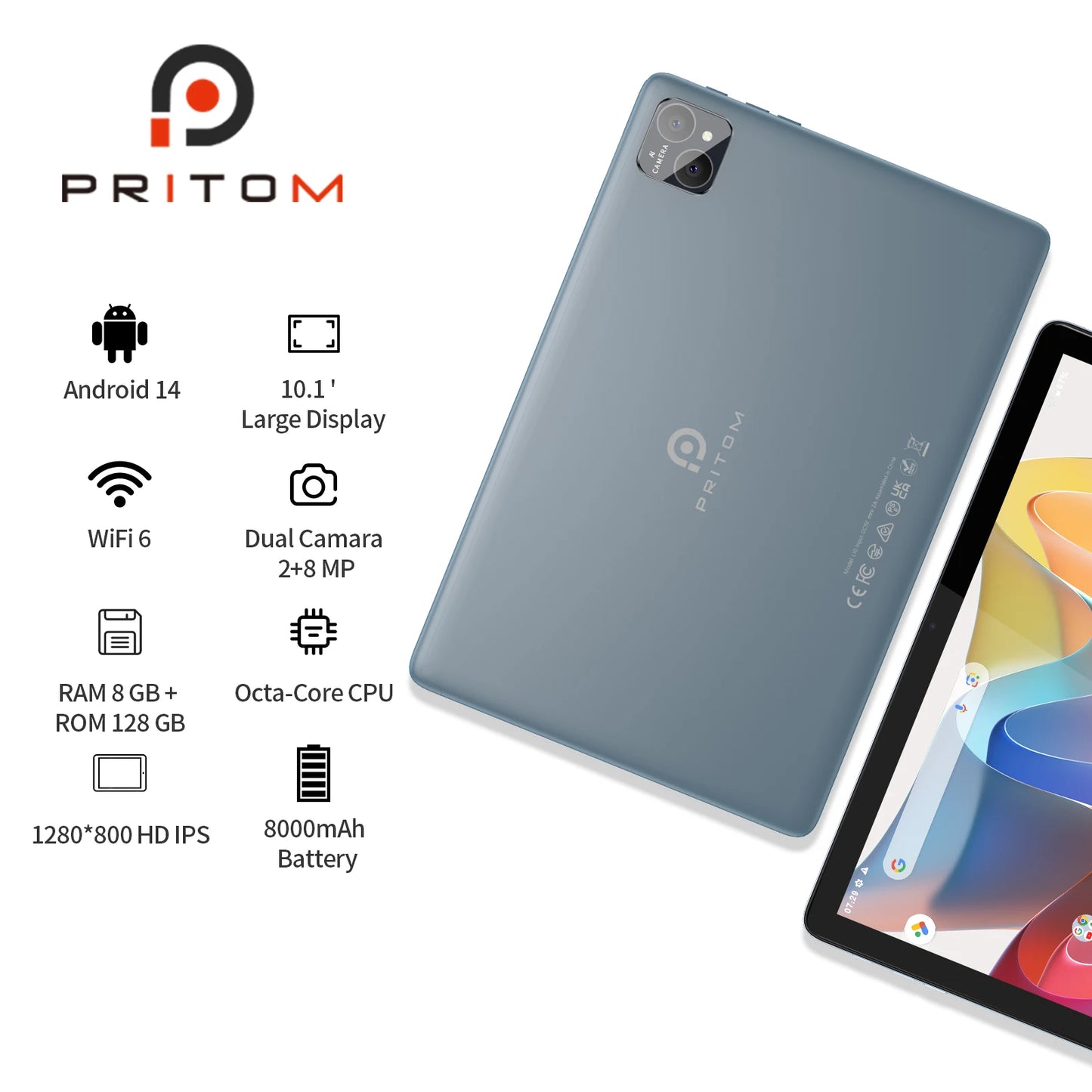 PRITOM Android 14 Tablet 10.1 Inch, 8GB RAM + 128GB ROM