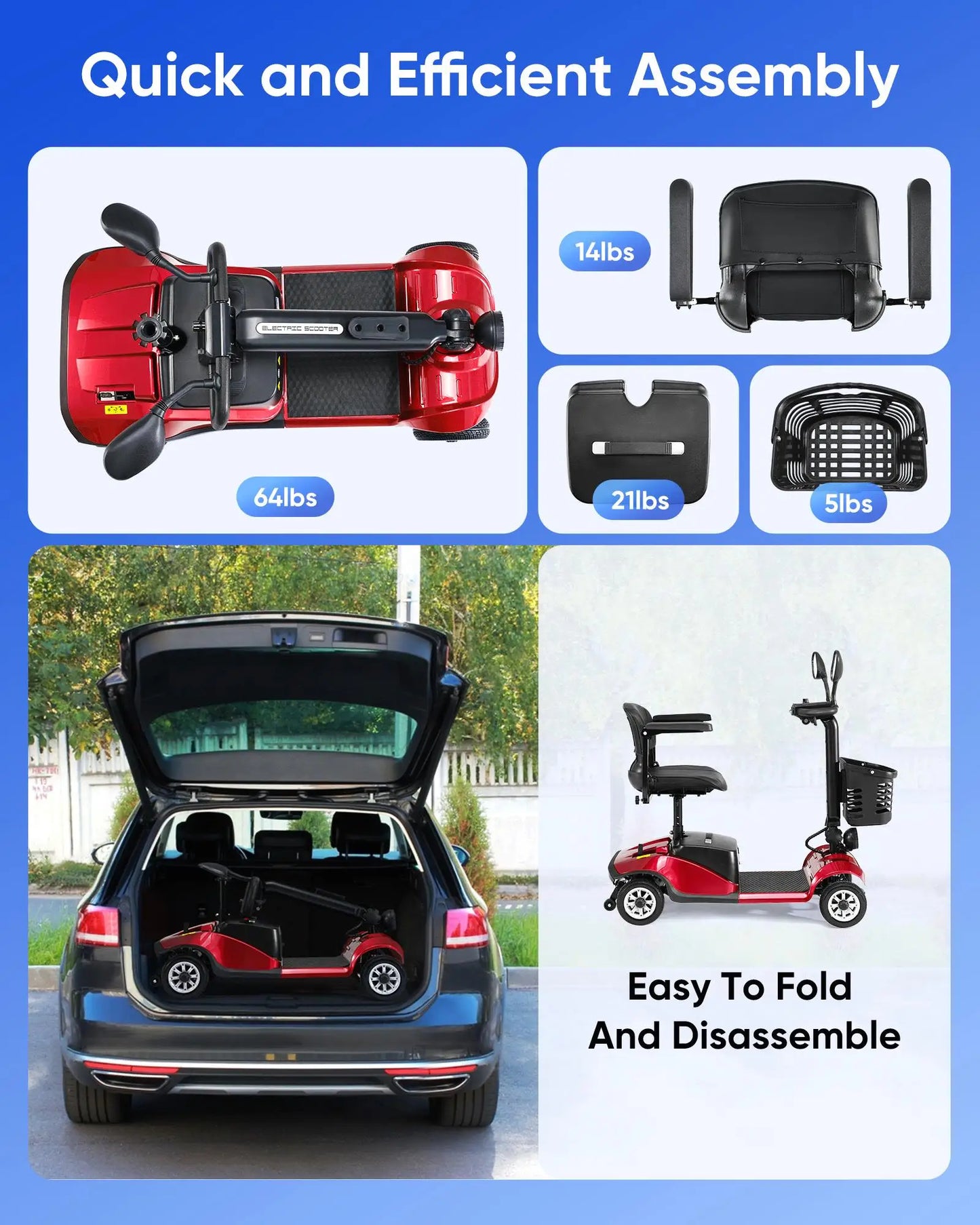 Foldable Electric Mobility Scooter with Light and Basket