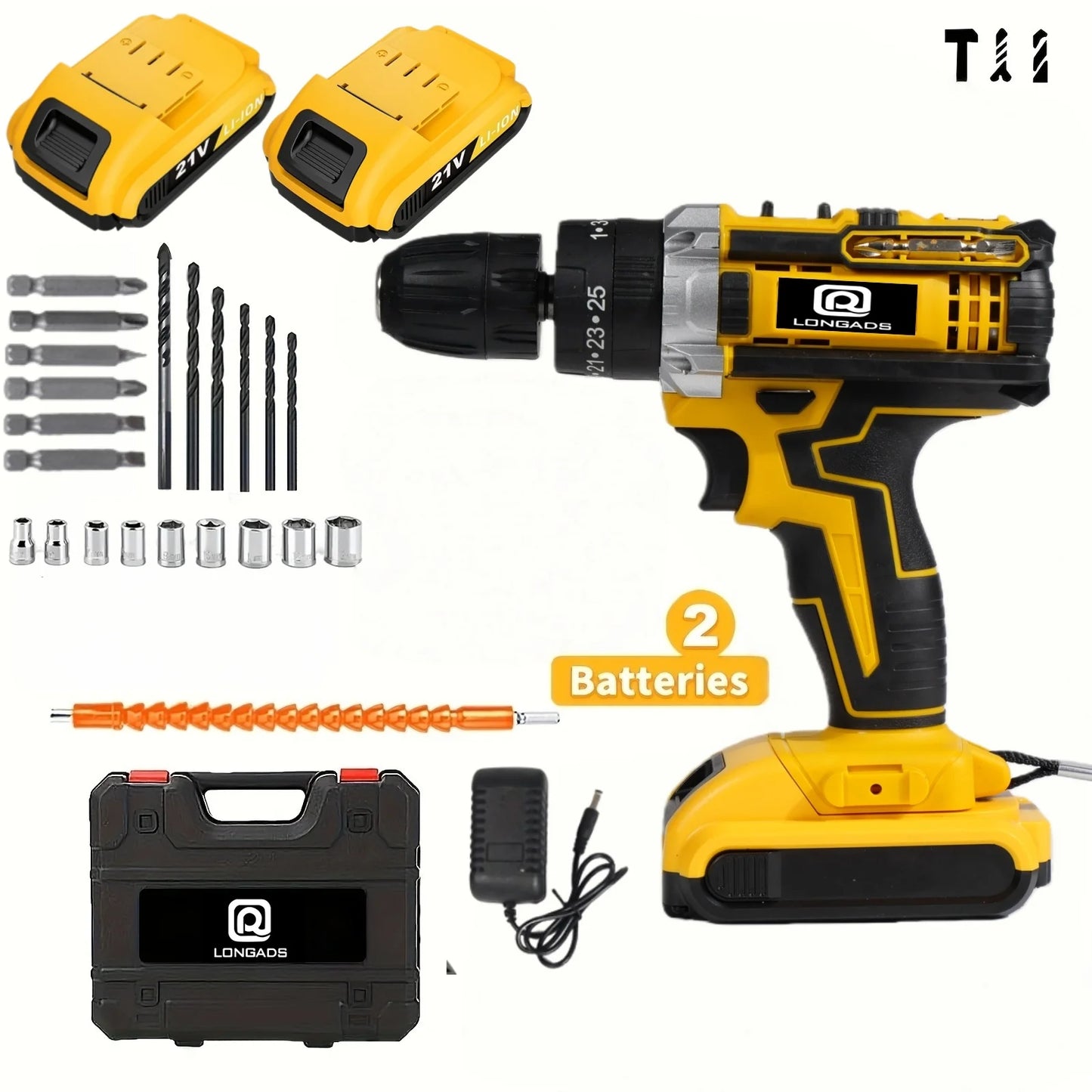 LONGADS 21V Cordless Drill/Driver Kit, 2 Speed, Keyless 3/8"