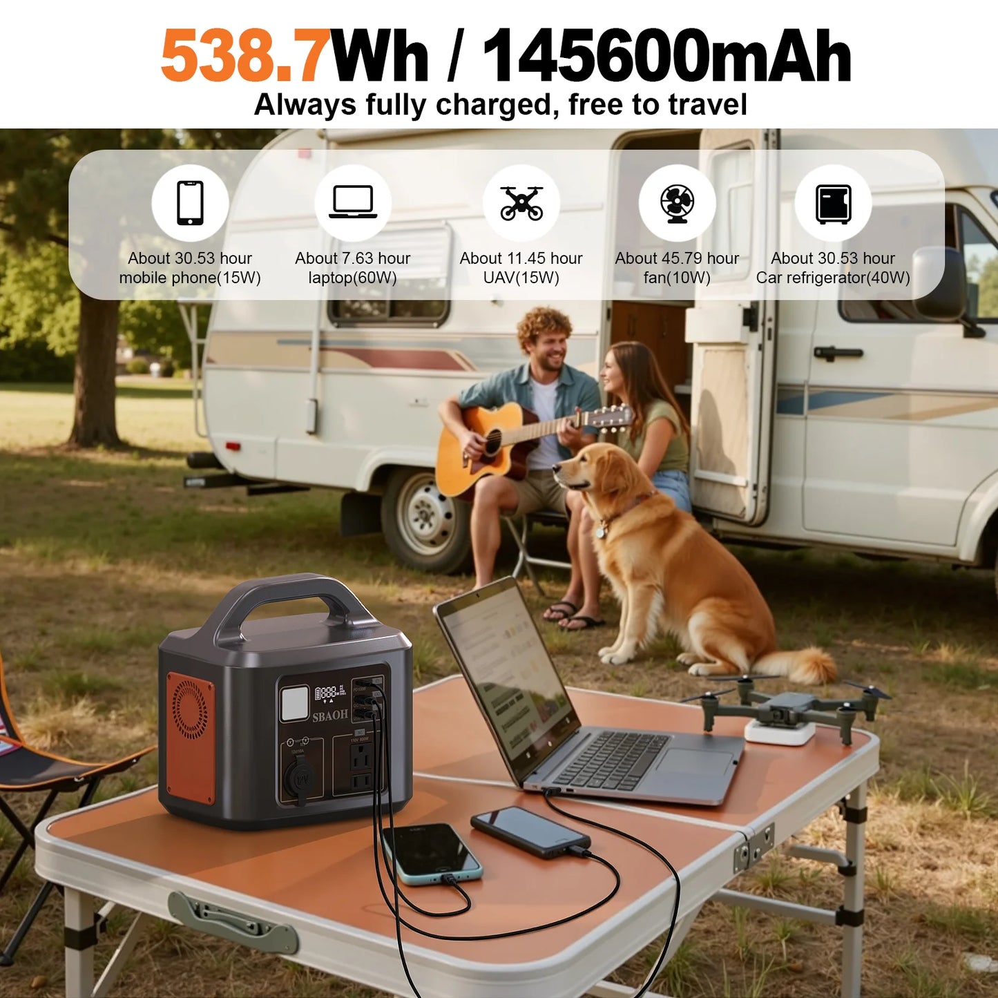 SBAOH 538.7Wh 600W Portable Outdoor Power Station