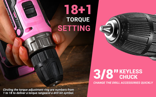 DEKO Pink Power Drill Cordless, 20V Electric Power Drill Set