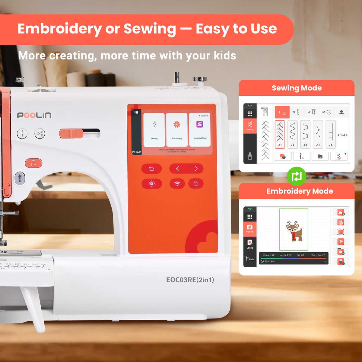 POOLIN EOC03 2-in-1 Embroidery Sewing Machine