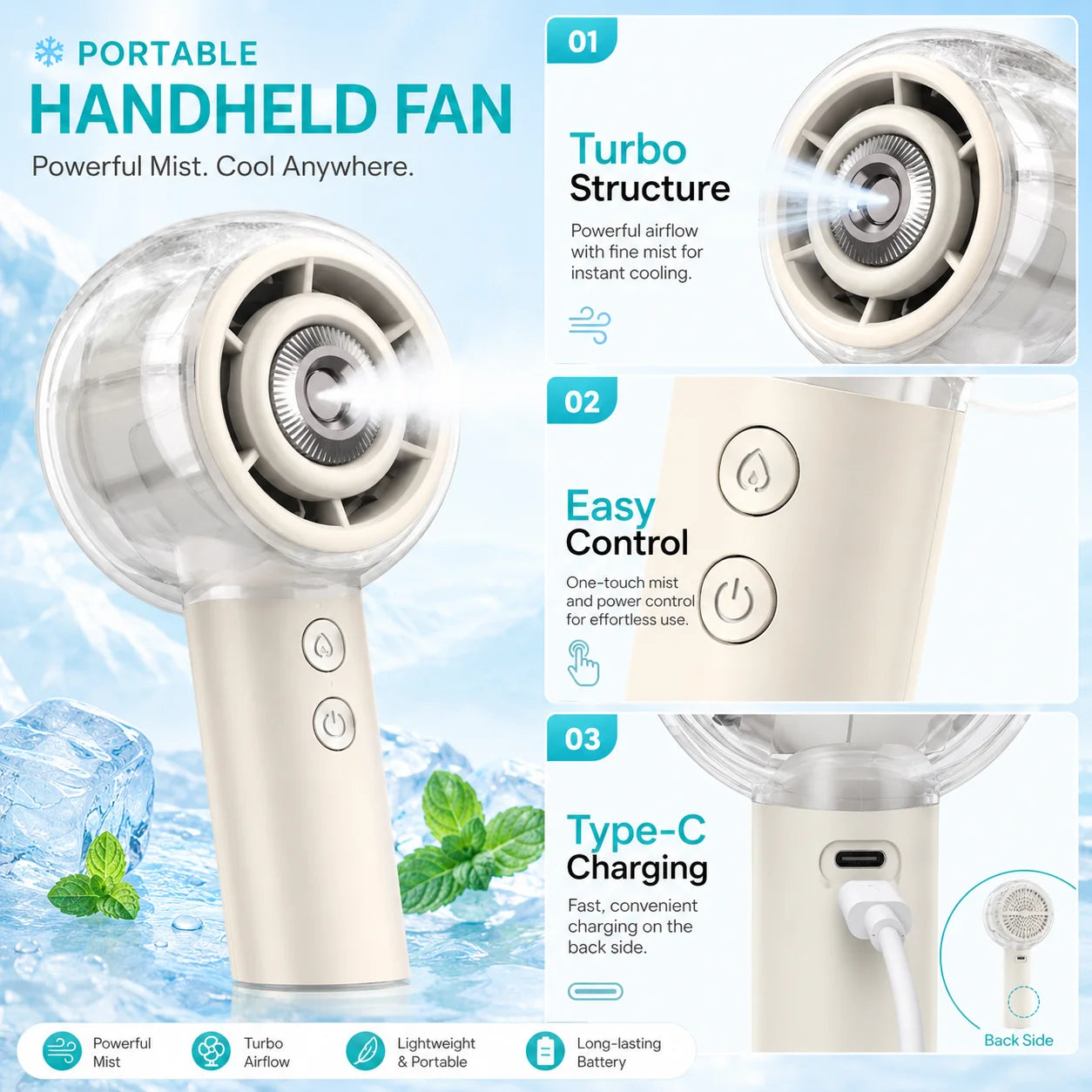 Misting Portable Handheld Fan 6000mAh Rechargeable Battery