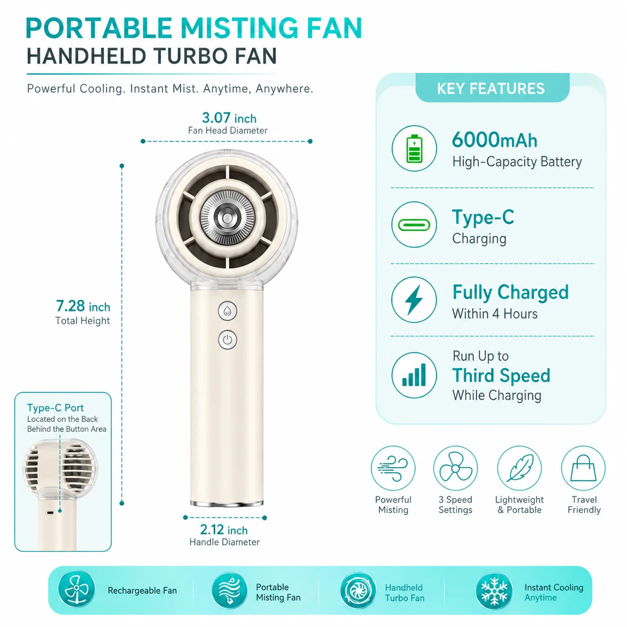 Misting Portable Handheld Fan 6000mAh Rechargeable Battery