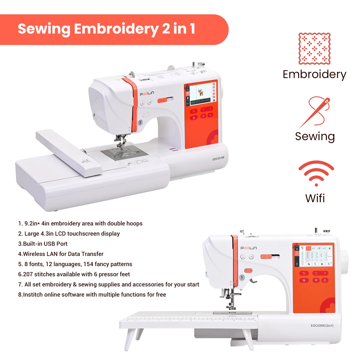 POOLIN EOC03 2-in-1 Embroidery Sewing Machine