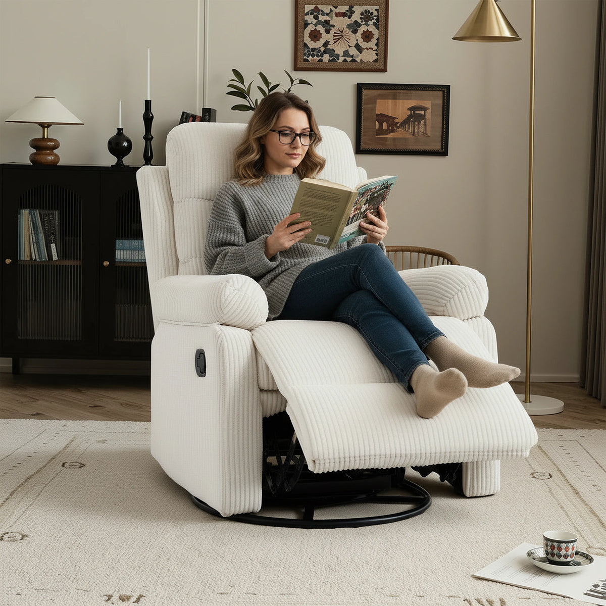 GAOHAPY Soft Corduroy Fabric Swivel Rocker Recliner Chair