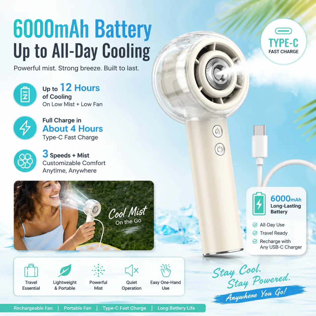Misting Portable Handheld Fan 6000mAh Rechargeable Battery