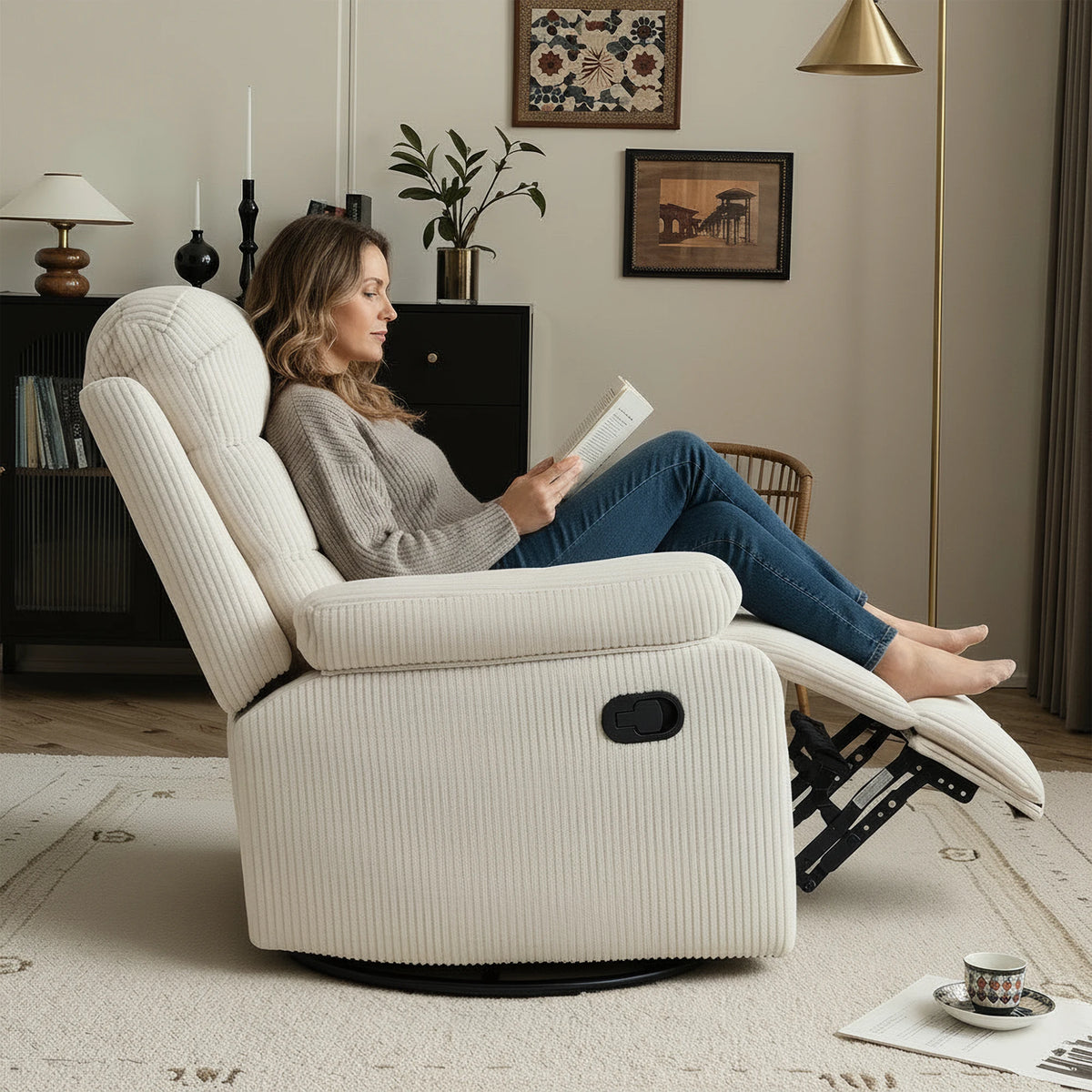 GAOHAPY Soft Corduroy Fabric Swivel Rocker Recliner Chair