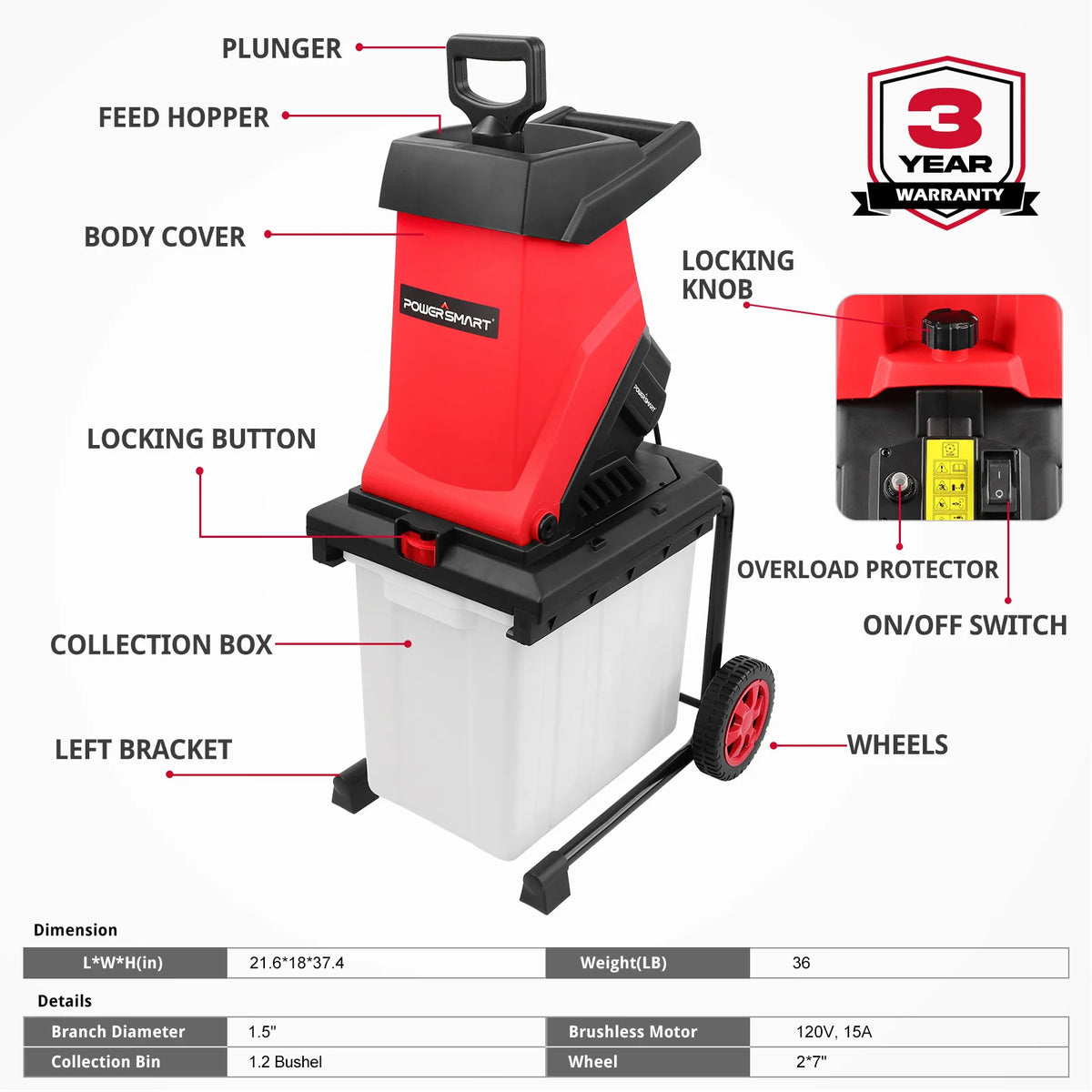 POWERSMART 15Amp Electric Wood Chipper Leaf Mulcher