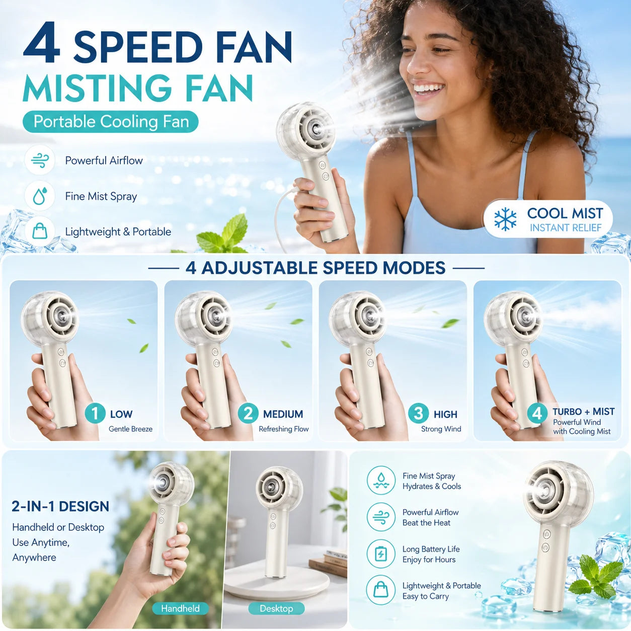 Misting Portable Handheld Fan 6000mAh Rechargeable Battery