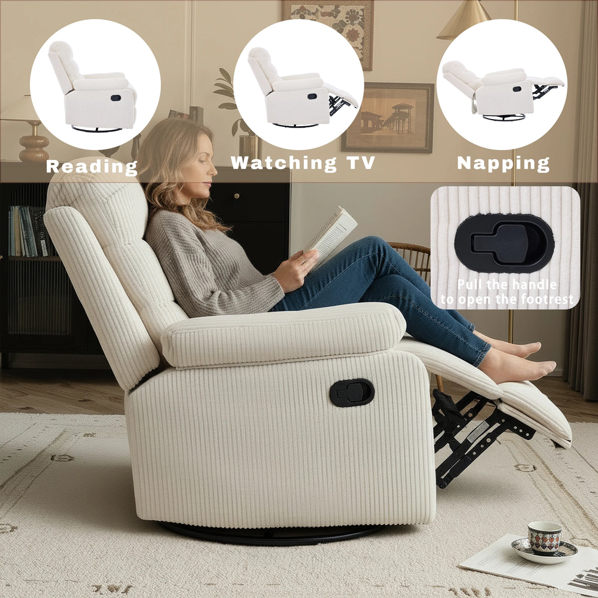 GAOHAPY Soft Corduroy Fabric Swivel Rocker Recliner Chair