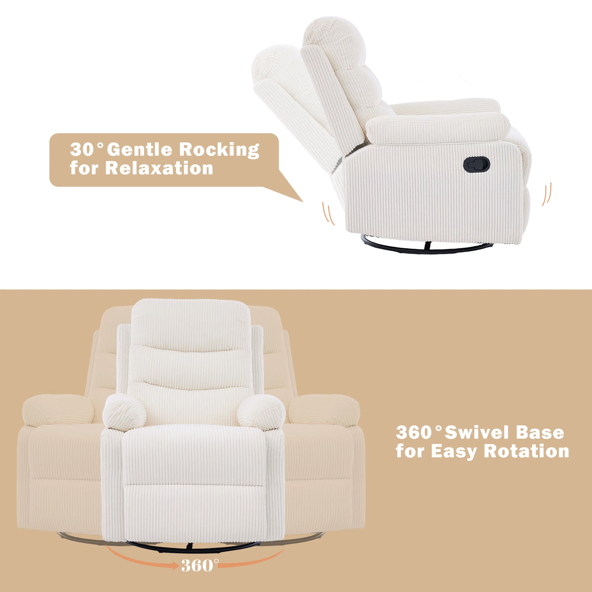 GAOHAPY Soft Corduroy Fabric Swivel Rocker Recliner Chair