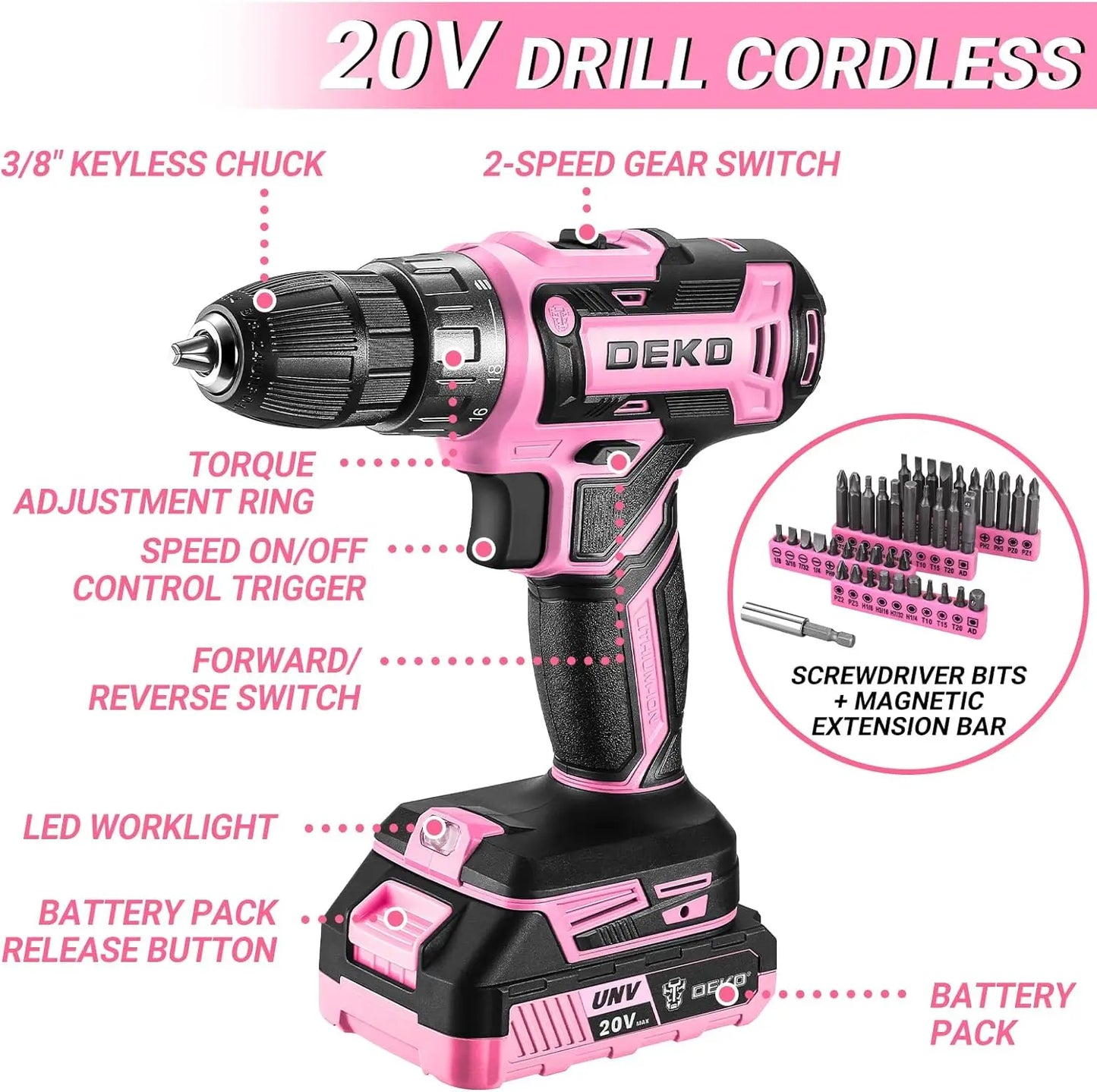 DEKO Pink Drill Tool Kit Set: 20V Cordless Power Drill