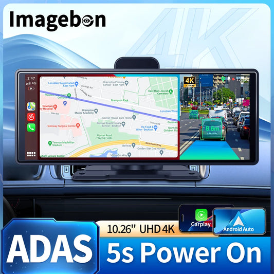 Imagebon 10.26" 4K ADAS Wireless CarPlay & Android Auto Dash Cam