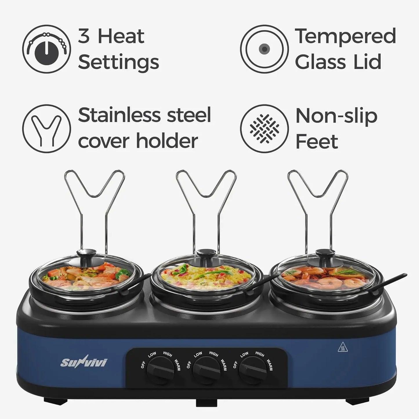 SUFVIVI Triple Slow Cooker, 3 x 2.5 QT Buffet Sever, Food Warmer